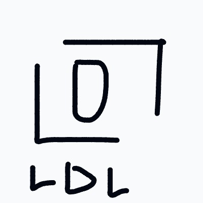 A playful sketch of an oval inside a rough square frame, with the letters LDL drawn underneath.
