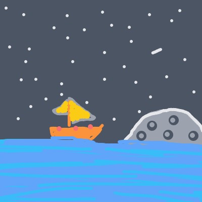 A small orange boat with a yellow sail glides across bright blue water under a star-filled night sky, near a gray cratered rock on the shore.