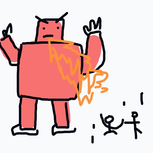 A red, blocky humanoid with an angry face and huge arms, spewing orange flames from its torso while two tiny stick figures stand nearby.