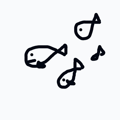 Three simple fish swim around a small musical note.