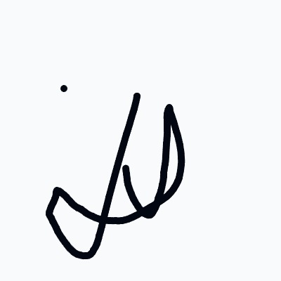 An abstract black doodle with a small dot and thick looping curves that resemble a chaotic signature.