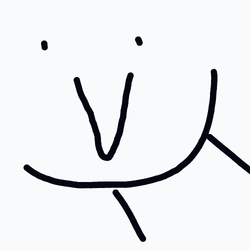 A minimal doodle of a smiling face with two eyes, a V-shaped nose, and a wide curved mouth with a small leg-like line.