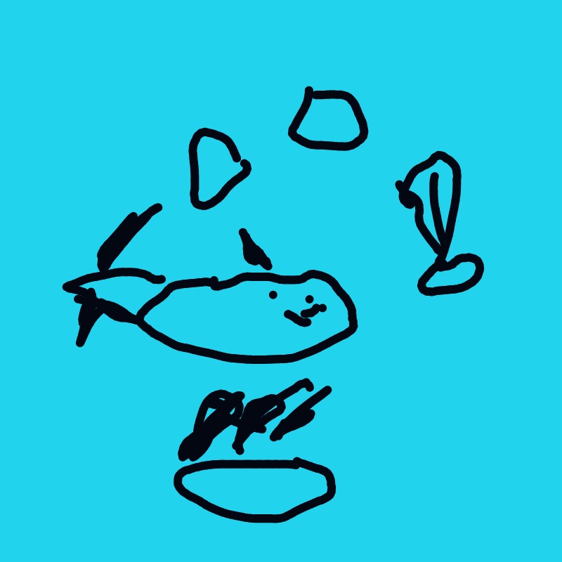 A simple, cartoonish whale with a smile swimming in a blue sea, with rocks floating nearby.